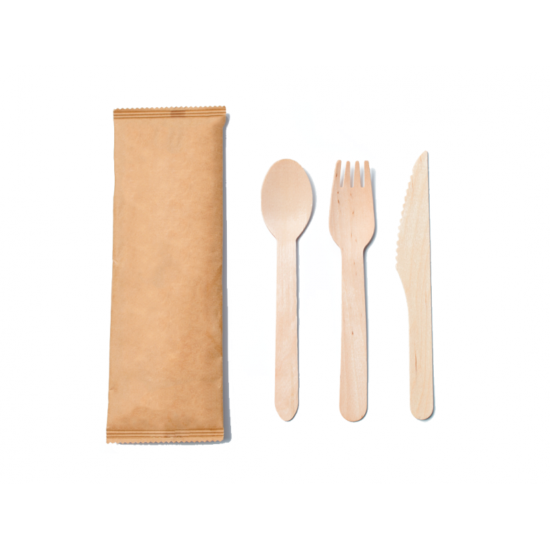 Kit couverts en bois recyclable 4 en 1, Emballage traiteur